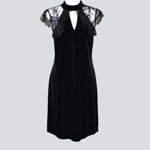 WHITE HOUSE BLACK MARKET Black Velvet Shift Cocktail Dress with Lace Size 8